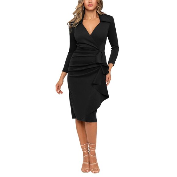 NWT Xscape Womens Ruffled Ruched Midi Dress Short Scuba Collar 5636X Black 6 - Picture 5 of 12